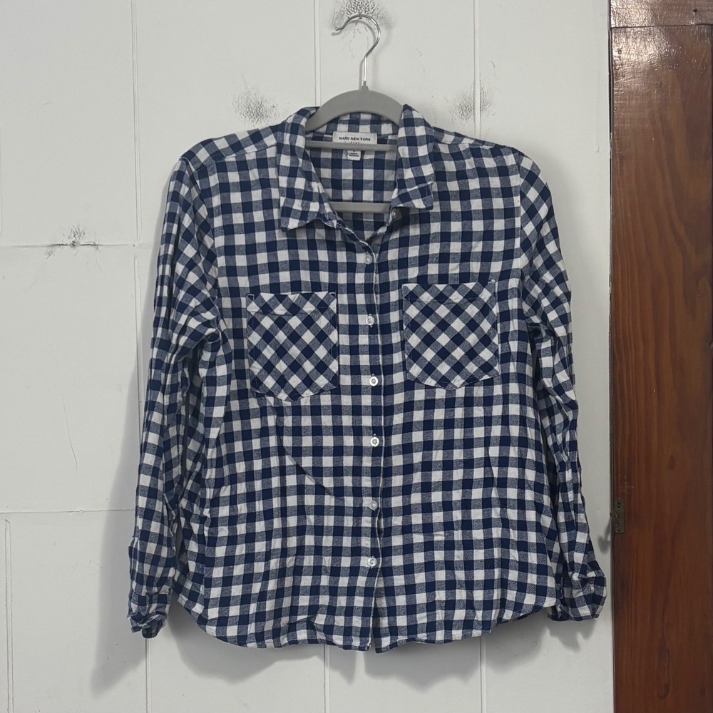 Marc New York Jeans Mens Small Navy Blue White Buffalo Check Button Down Shirt